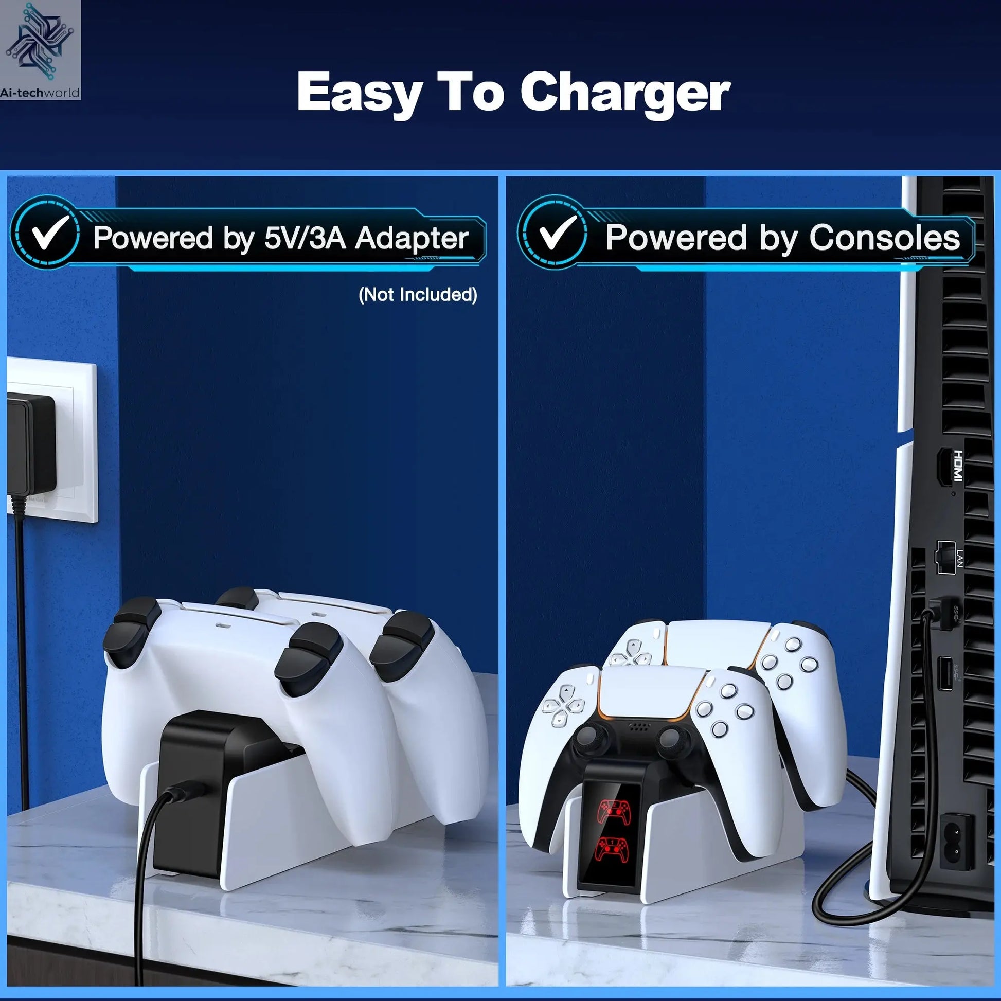 Dual Fast Charger for PS5 Wireless Controller Stand for Sony PlayStation 5 Gamepad DualSense controller Charging Base Ai-TechWorld 