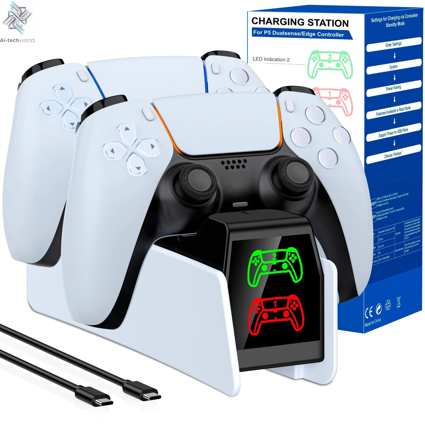 Dual Fast Charger for PS5 Wireless Controller Stand for Sony PlayStation 5 Gamepad DualSense controller Charging Base Ai-TechWorld 