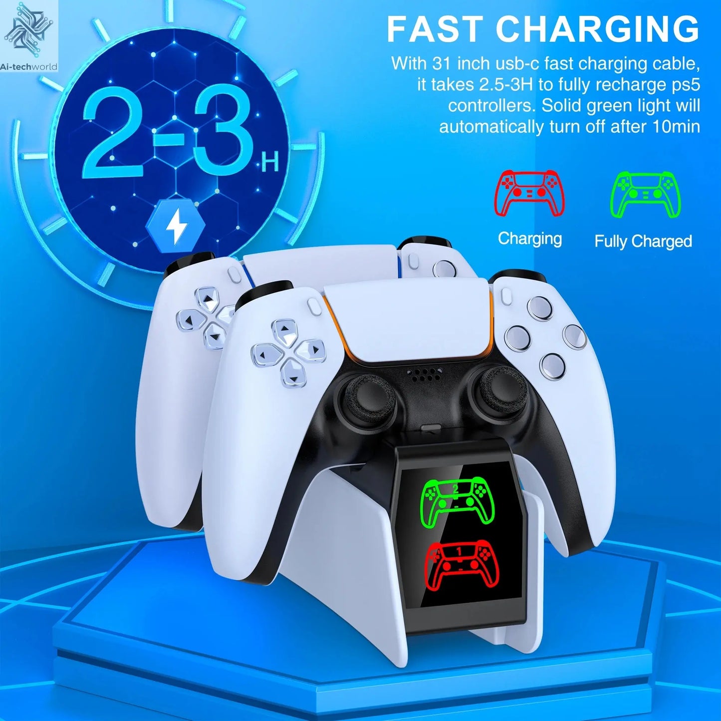 Dual Fast Charger for PS5 Wireless Controller Stand for Sony PlayStation 5 Gamepad DualSense controller Charging Base Ai-TechWorld 