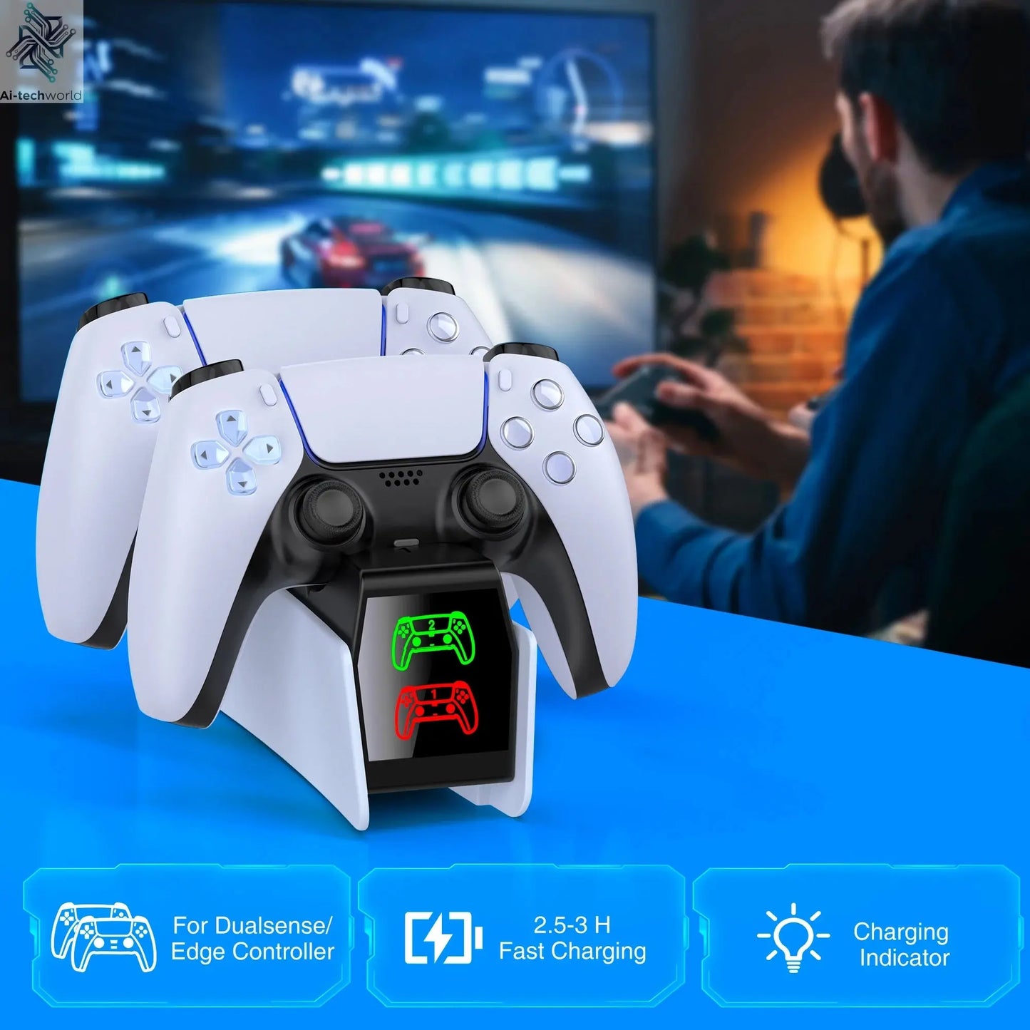 Dual Fast Charger for PS5 Wireless Controller Stand for Sony PlayStation 5 Gamepad DualSense controller Charging Base Ai-TechWorld 