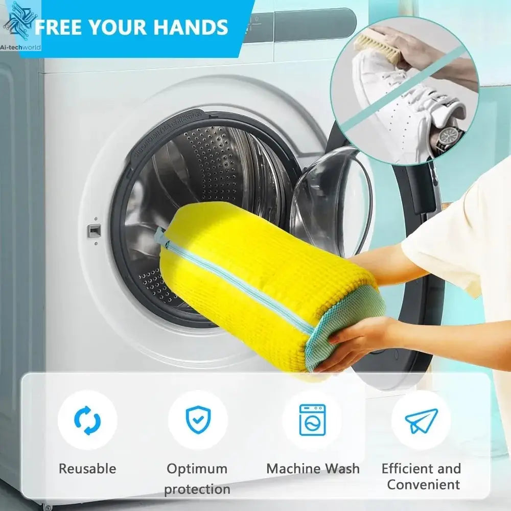 Durable Shoe Washing Machine Bag for All Shoe Types-Yellow with Blue Zipper,Ideal for Sneakers and Casual Shoes,Laundry Wash Bag Ai-TechWorld 