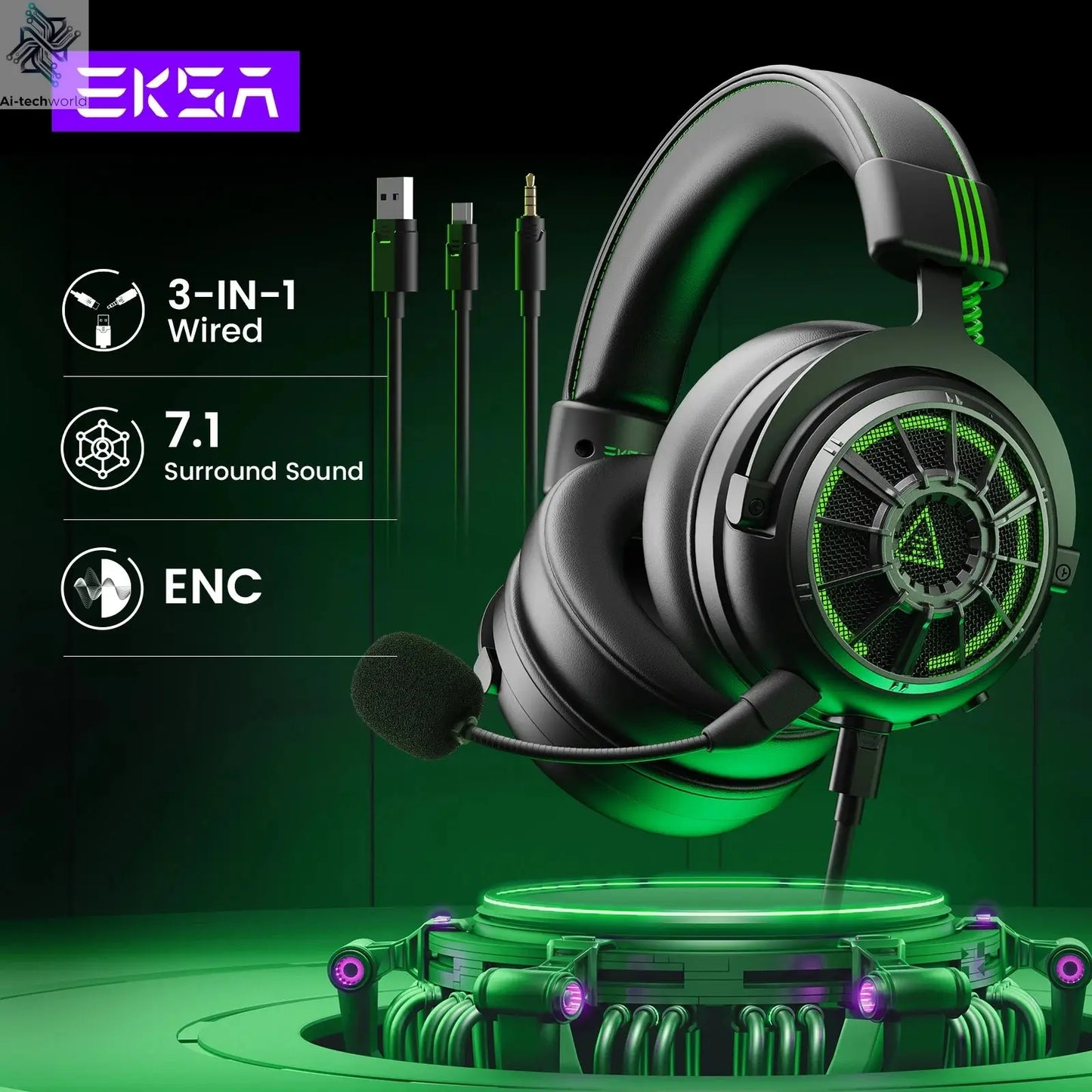 EKSA E5000 Pro Gaming Headphones for PC/PS4/Xbox/Switch, 7.1 Wired Headset Gamer with ENC Mic, USB/Type C/3.5mm Detachable Cable Ai-TechWorld 