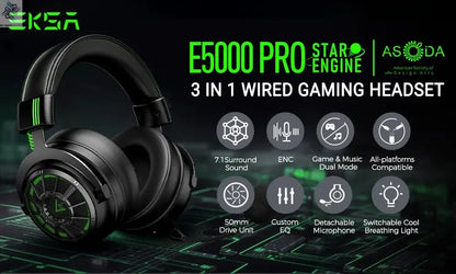EKSA E5000 Pro Gaming Headphones for PC/PS4/Xbox/Switch, 7.1 Wired Headset Gamer with ENC Mic, USB/Type C/3.5mm Detachable Cable Ai-TechWorld 
