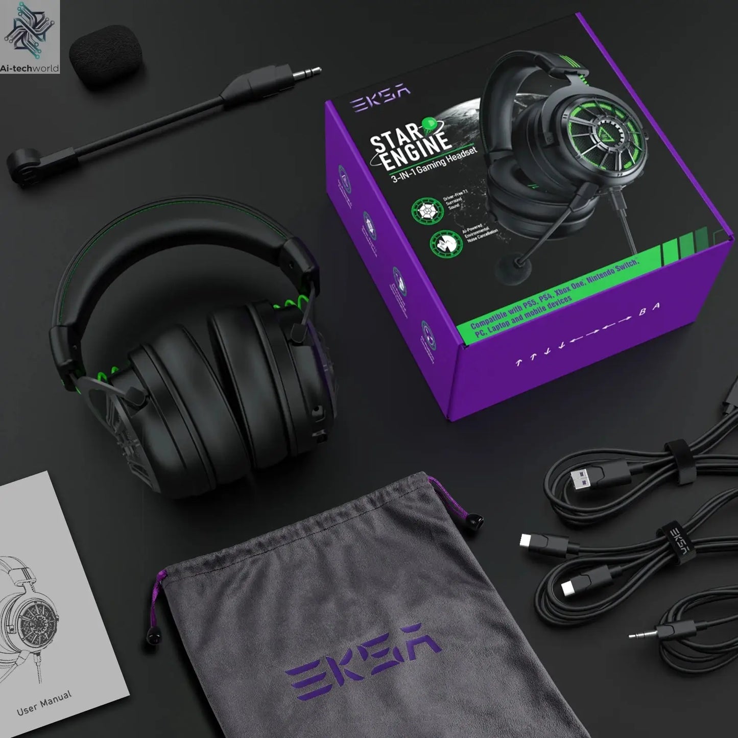 EKSA E5000 Pro Gaming Headphones for PC/PS4/Xbox/Switch, 7.1 Wired Headset Gamer with ENC Mic, USB/Type C/3.5mm Detachable Cable Ai-TechWorld 