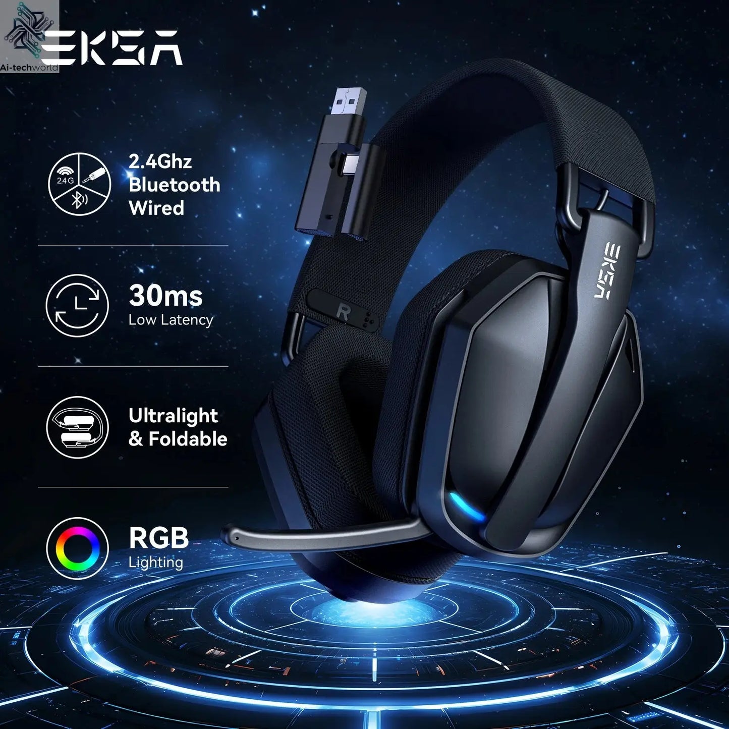EKSA G19BT 2.4GHz Wireless Gaming Headphones Ultra-light Bluetooth 5.4 Headset Gamer with Microphone for PC/PS5/Xbox Ai-TechWorld 