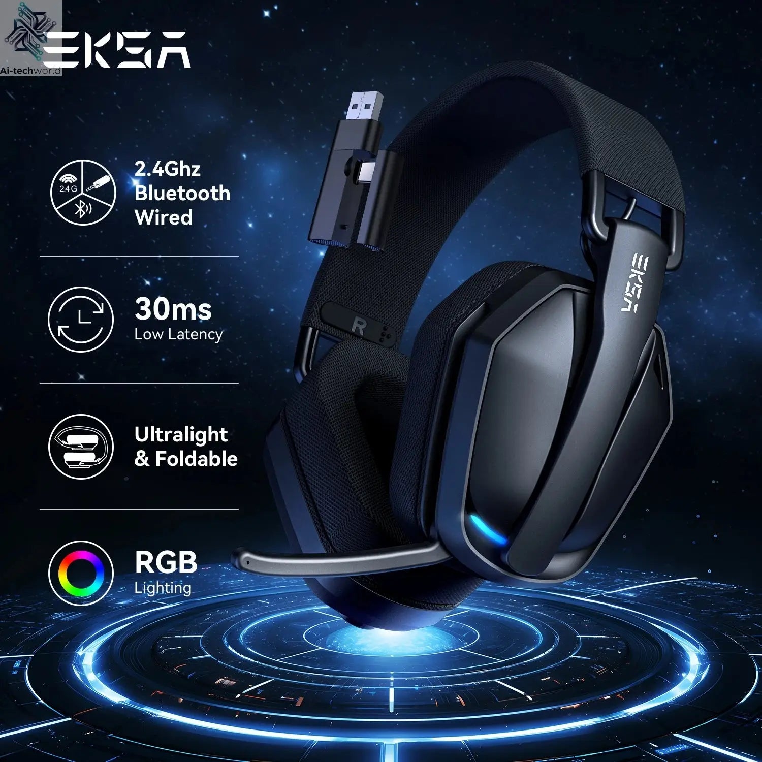 EKSA G19BT 2.4GHz Wireless Gaming Headphones Ultra-light Bluetooth 5.4 Headset Gamer with Microphone for PC/PS5/Xbox Ai-TechWorld 
