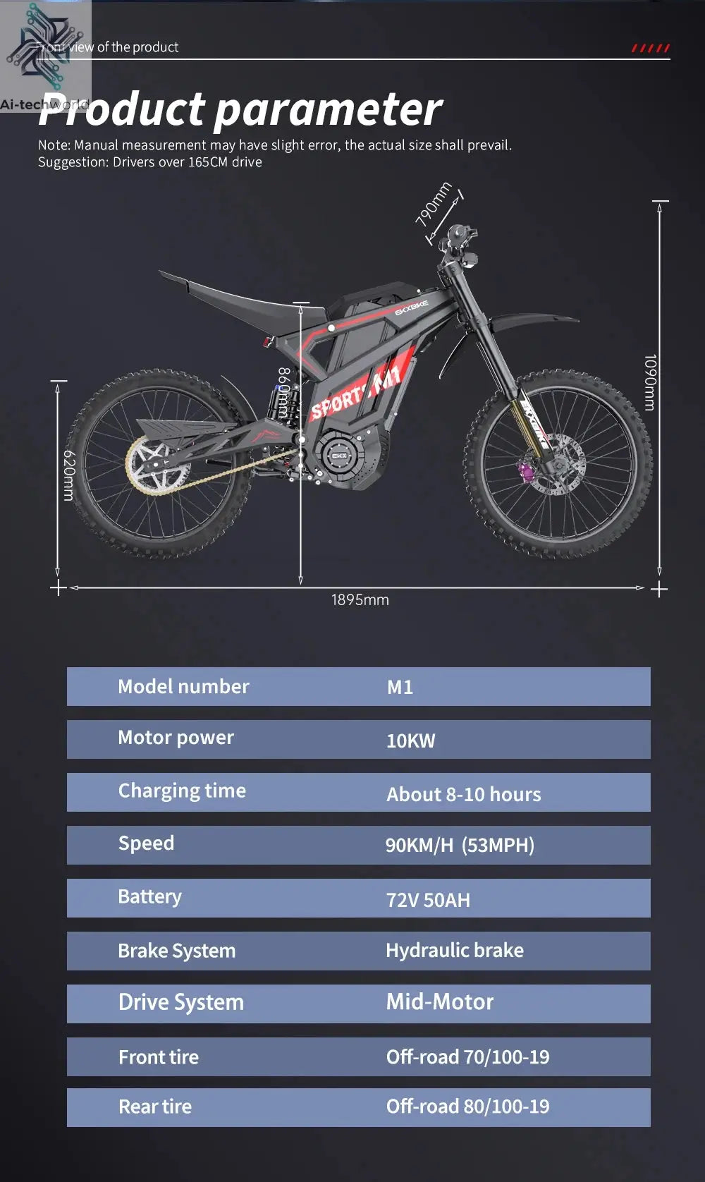 EKXBIKE M1 16800W Peak Electric Dirt Bike 72V/50Ah Electric Bike 85Miles Max Range 62Mph Max Speed Mountain Electric Motorcycle - Ai-TechWorld