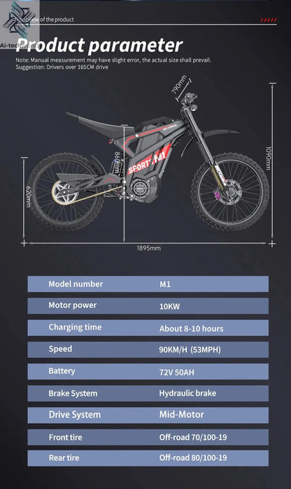 EKXBIKE M1 16800W Peak Electric Dirt Bike 72V/50Ah Electric Bike 85Miles Max Range 62Mph Max Speed Mountain Electric Motorcycle - Ai-TechWorld