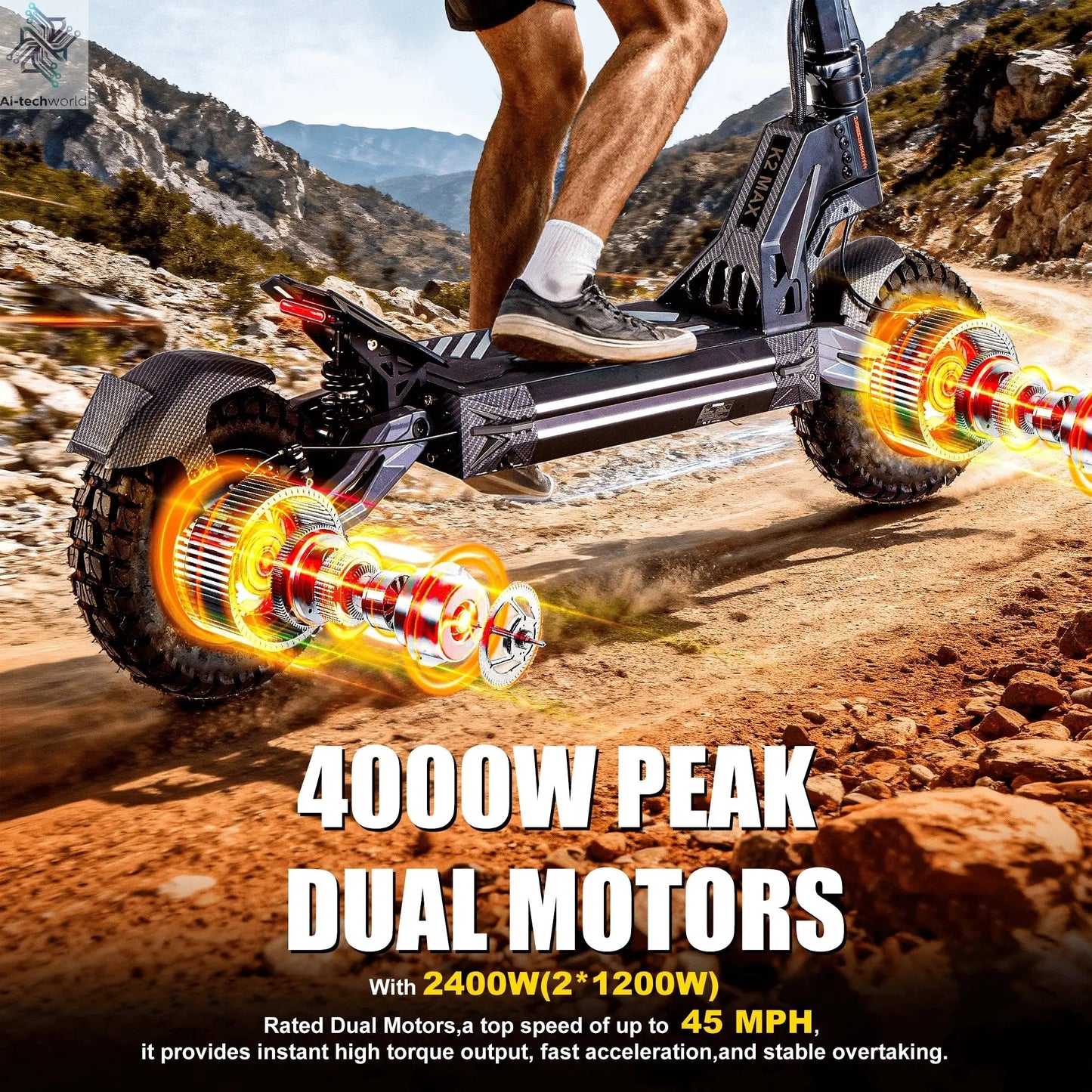 EOEOTWO K2MAX Electric Scooter 45Mph 4000W Peak Dual Motor 40Mile Range EScooter Adults Dual Suspension Fast Charging Scooter Ai-TechWorld 