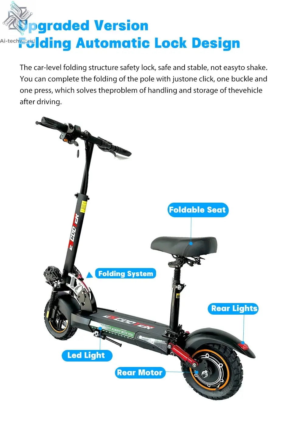 EU USA Warehouse Adult Electric Scooter 48v 13ah 16Ah Escooter Kick Scooter Lightweight Long Range 35-55km Scooters 800w Ai-TechWorld 