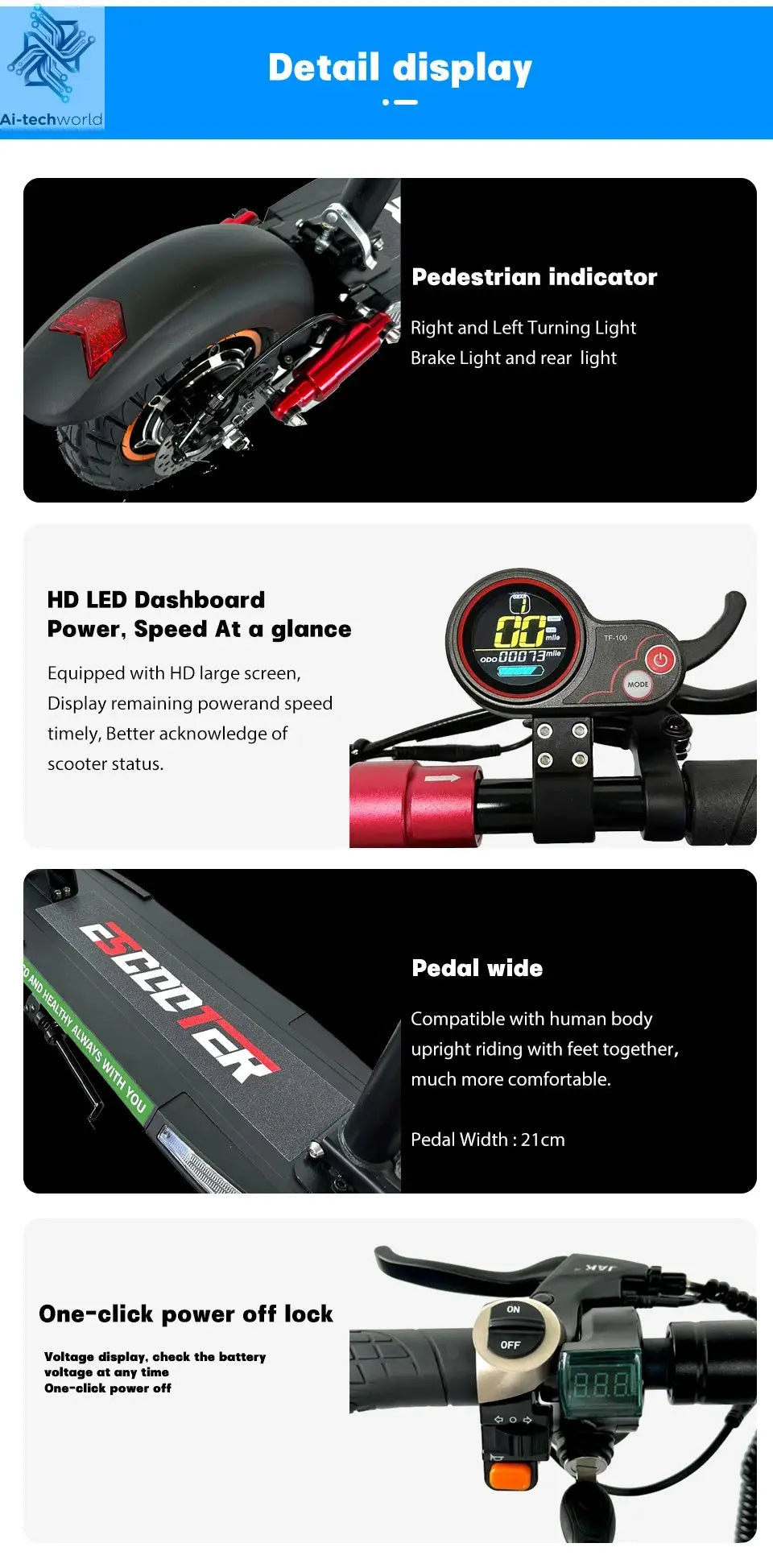 EU USA Warehouse Adult Electric Scooter 48v 13ah 16Ah Escooter Kick Scooter Lightweight Long Range 35-55km Scooters 800w Ai-TechWorld 