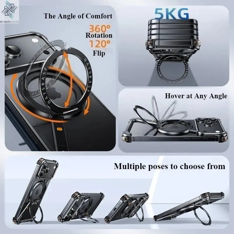 Eary Metal Magnetic Phone Case for iPhone 17 Pro Max/17 Pro/17 Air Magsafe 360°Rotate Stand Frameless Shockproof Protector Cover Ai-TechWorld 