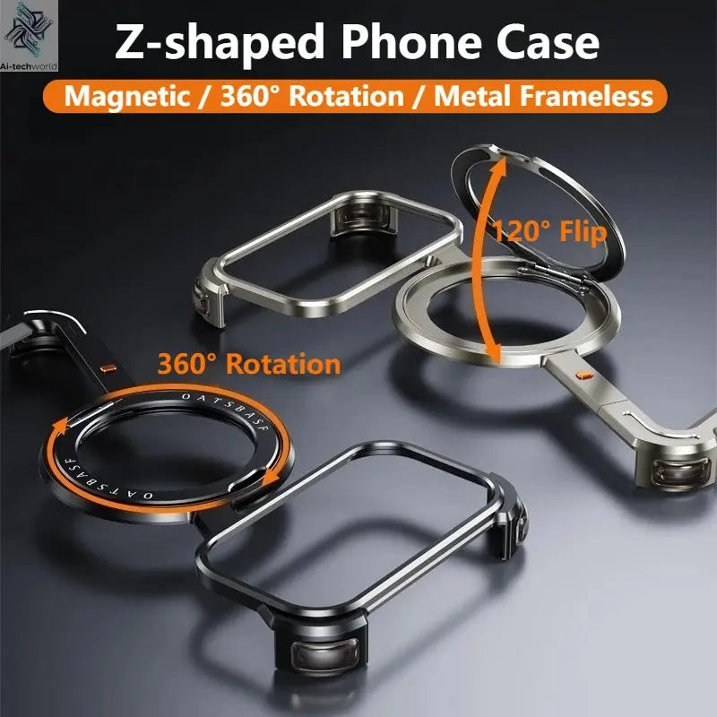 Eary Metal Magnetic Phone Case for iPhone 17 Pro Max/17 Pro/17 Air Magsafe 360°Rotate Stand Frameless Shockproof Protector Cover Ai-TechWorld 