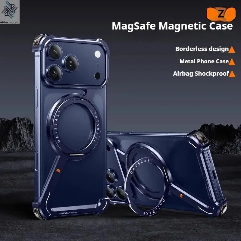 Eary Metal Magnetic Phone Case for iPhone 17 Pro Max/17 Pro/17 Air Magsafe 360°Rotate Stand Frameless Shockproof Protector Cover Ai-TechWorld 