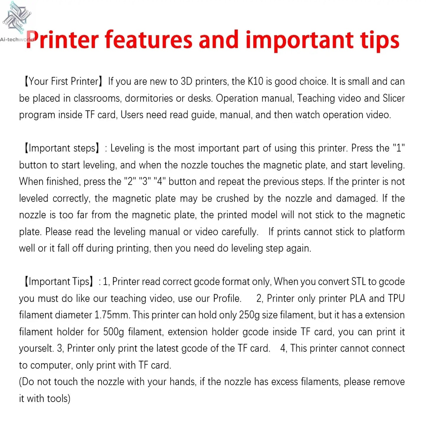 EasyThreed 3D Printer  Entry Level  Compatible with PLA TPU 1.75mm Filament  include Power Adaptor. Ai-TechWorld 