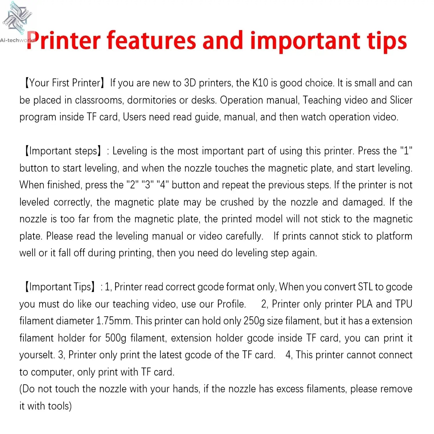 EasyThreed 3D Printer  Entry Level  Compatible with PLA TPU 1.75mm Filament  include Power Adaptor. Ai-TechWorld 