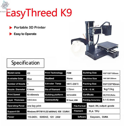 EasyThreed K9 Mini 3D Printer Easy to Use Entry Level Gift 3D Printer FDM TPU PLA Filament 1.75mm Black Ai-TechWorld