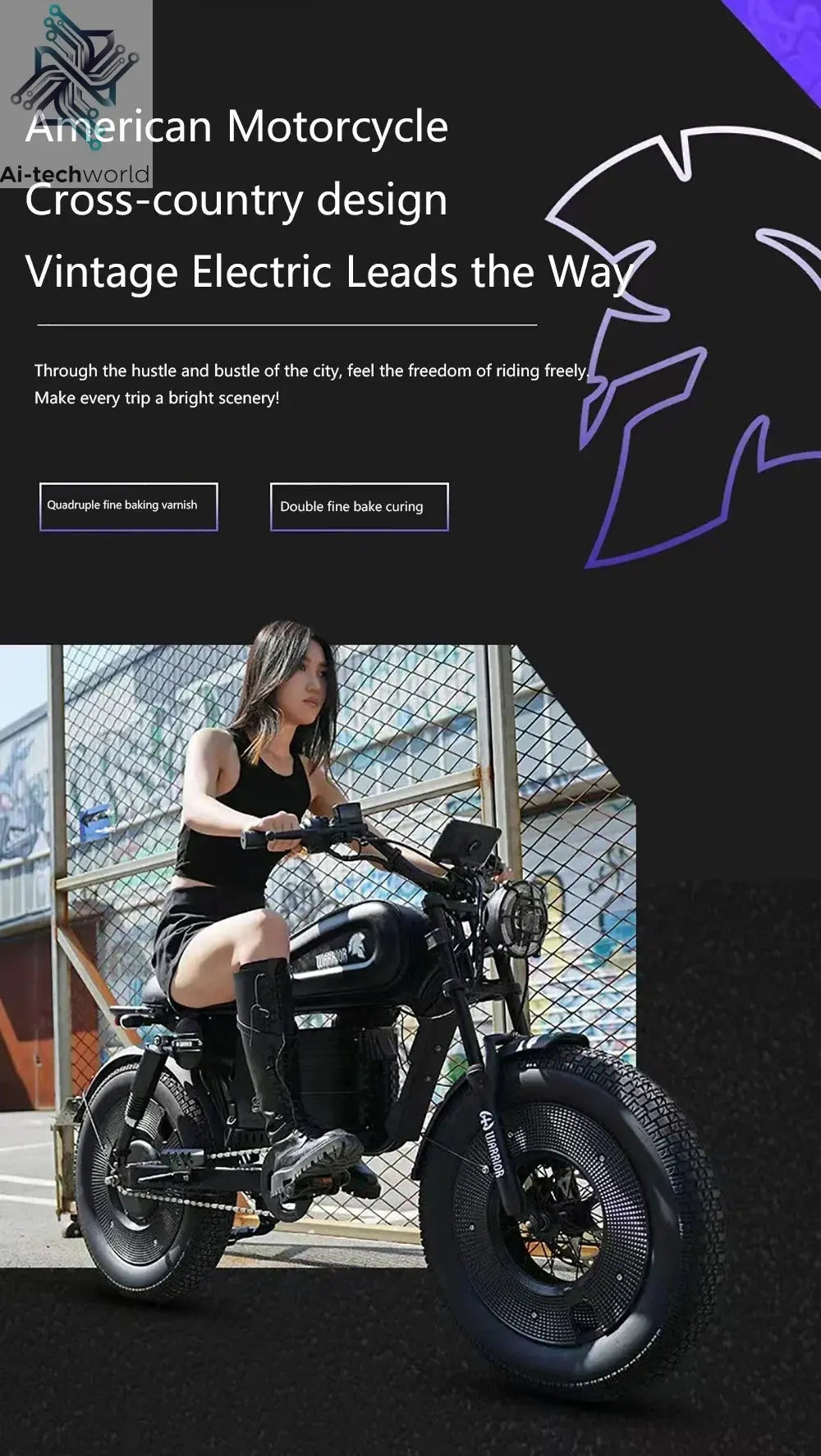 Ebike ZPW Black Warrior 3000W 60V 45AH Camping Motorcycle, Adult Electric Bike 20 Inch Fat Tire Electric Bike Ai-TechWorld 