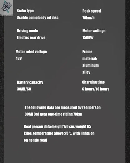 Ebike ZPW Black Warrior 3000W 60V 45AH Camping Motorcycle, Adult Electric Bike 20 Inch Fat Tire Electric Bike Ai-TechWorld 