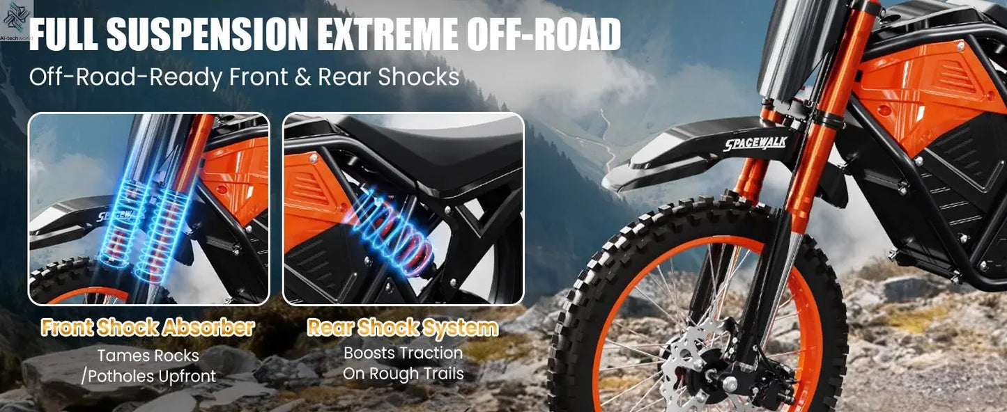 Electric Dirt Bike for Adults, 48V 3000W Peak Power Electric Motorcycle with 14"/12" Fat Tire, 37.5MPH Mountain Off-Road Ebike Ai-TechWorld 