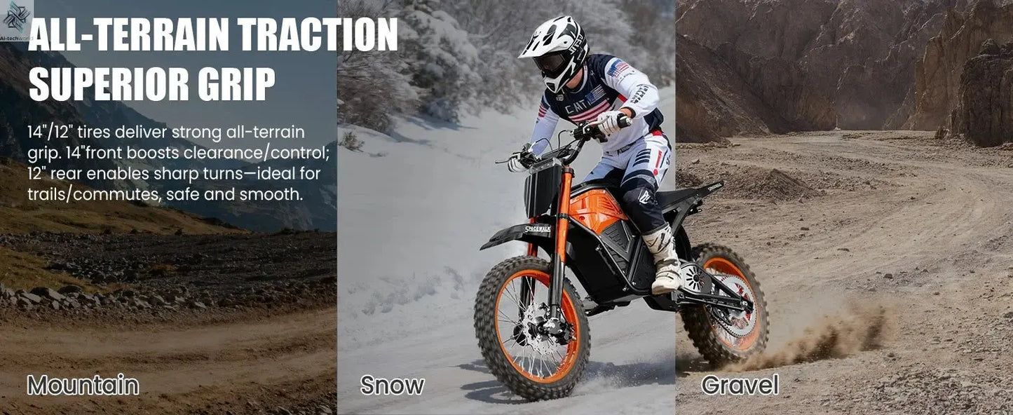 Electric Dirt Bike for Adults, 48V 3000W Peak Power Electric Motorcycle with 14"/12" Fat Tire, 37.5MPH Mountain Off-Road Ebike Ai-TechWorld 