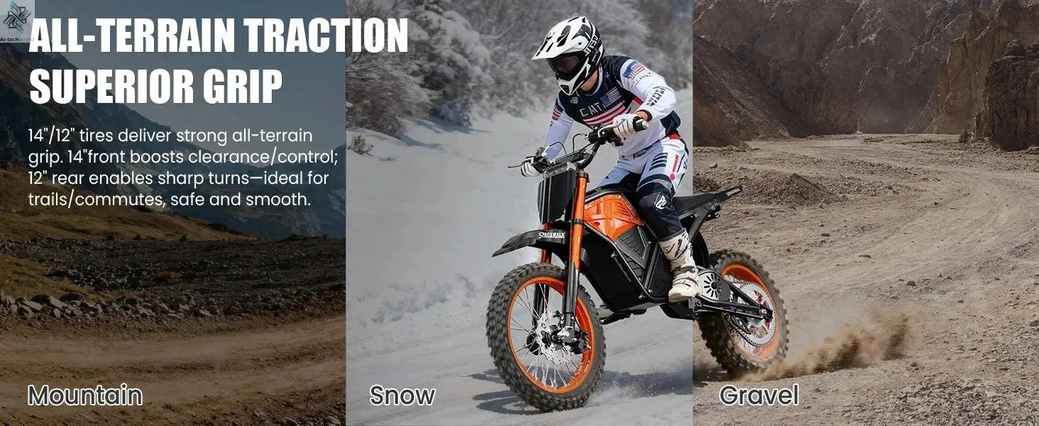 Electric Dirt Bike for Adults, 48V 3000W Peak Power Electric Motorcycle with 14"/12" Fat Tire, 37.5MPH Mountain Off-Road Ebike Ai-TechWorld 