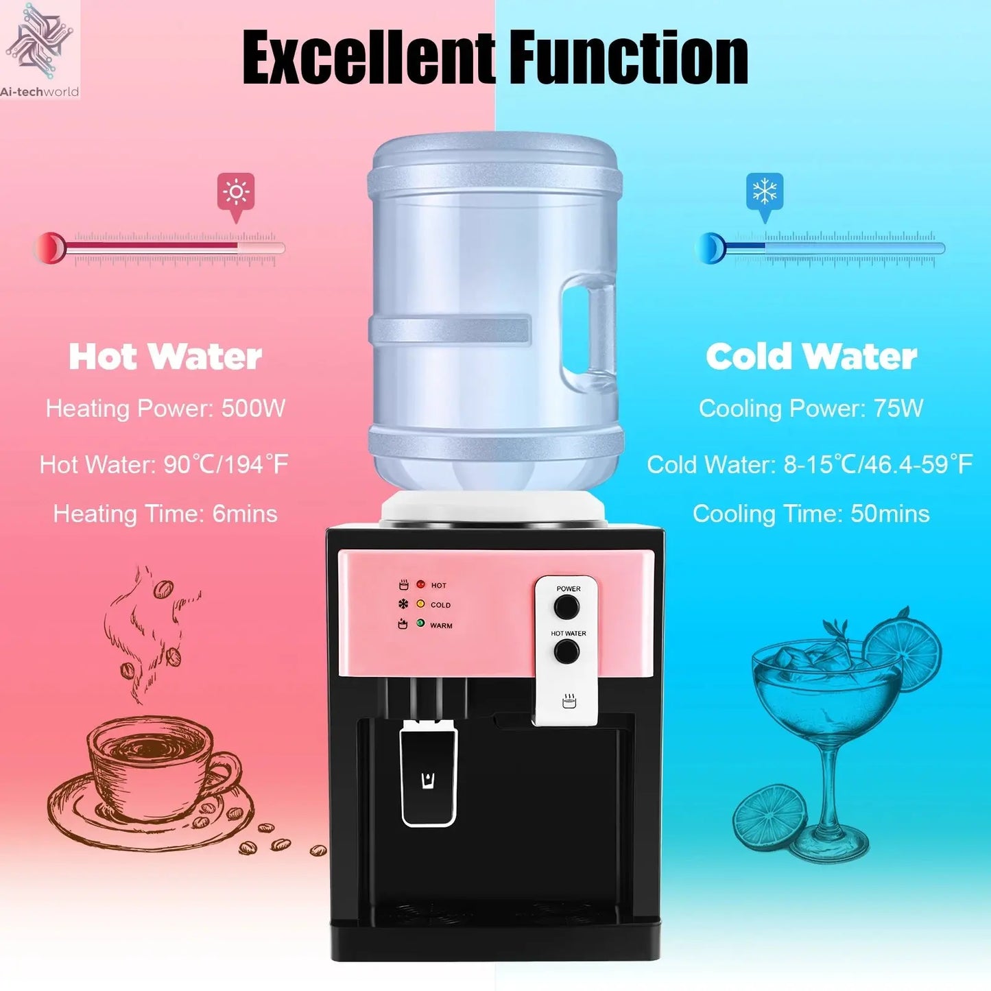 Electric Hot and Cold Water Cooler Dispenser Versatile Desktop Top Loading Water Dispenser for Home Office (110V US / 220V EU) Ai-TechWorld 