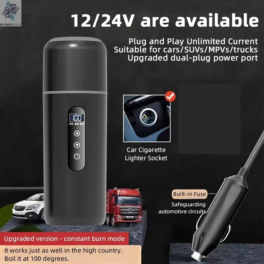 Electric kettle 12V 24V portable car heating cup 500 ml travel heating smart stainless steel insulation artifact OLED display Ai-TechWorld 