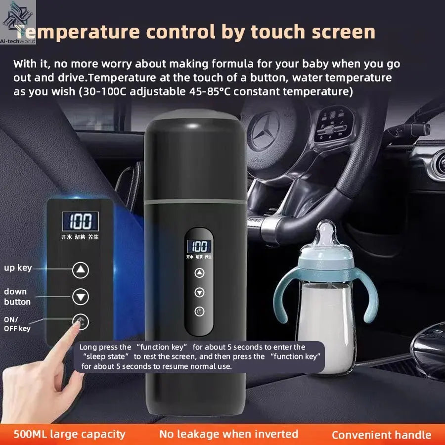 Electric kettle 12V 24V portable car heating cup 500 ml travel heating smart stainless steel insulation artifact OLED display Ai-TechWorld 