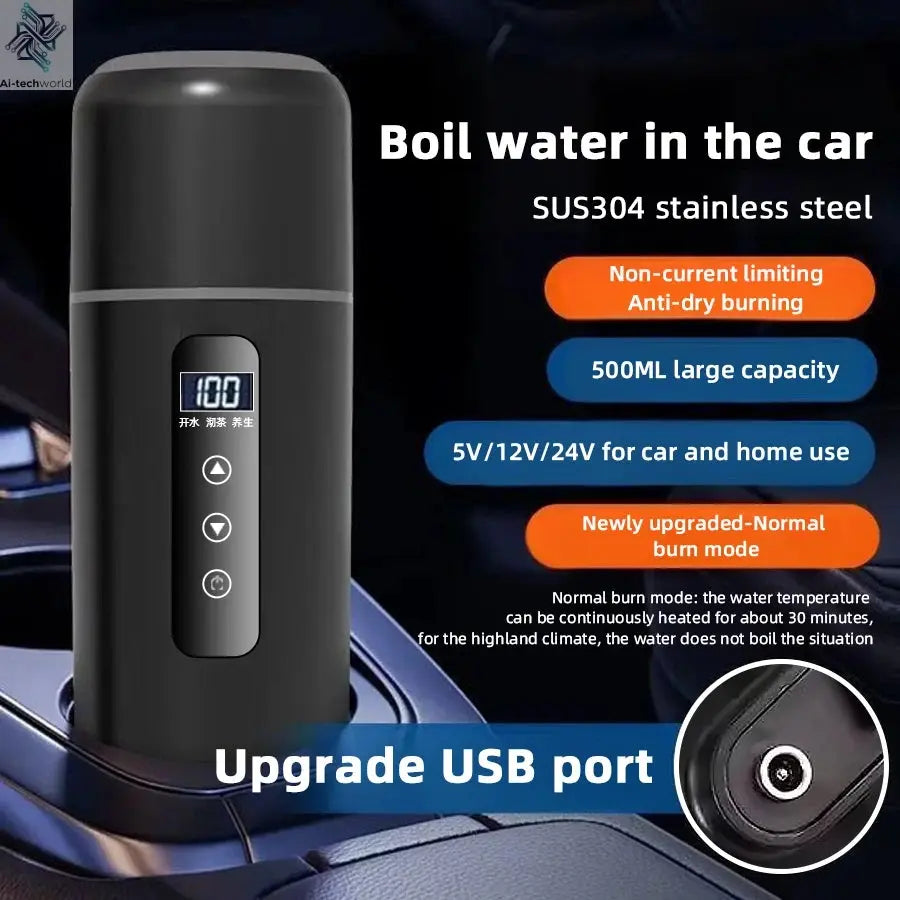 Electric kettle 12V 24V portable car heating cup 500 ml travel heating smart stainless steel insulation artifact OLED display Ai-TechWorld 