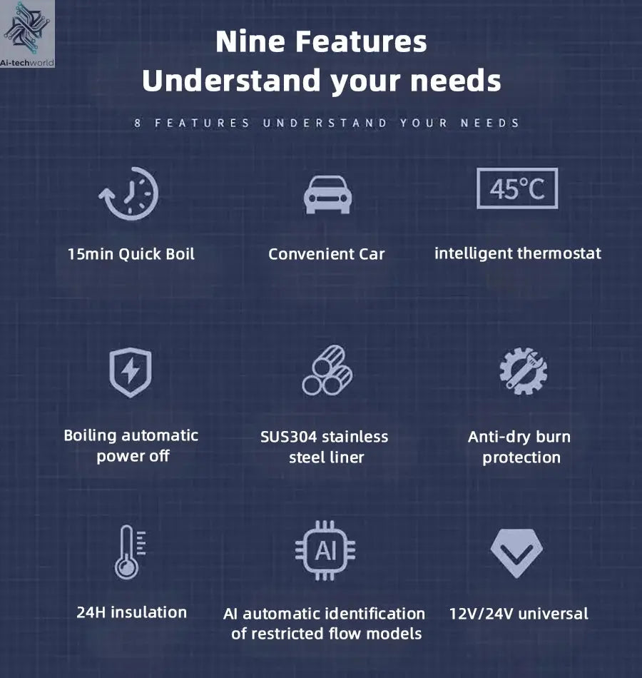 Electric kettle 12V 24V portable car heating cup 500 ml travel heating smart stainless steel insulation artifact OLED display Ai-TechWorld 