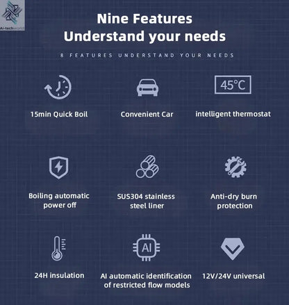 Electric kettle 12V 24V portable car heating cup 500 ml travel heating smart stainless steel insulation artifact OLED display Ai-TechWorld 