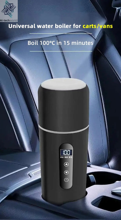 Electric kettle 12V 24V portable car heating cup 500 ml travel heating smart stainless steel insulation artifact OLED display Ai-TechWorld 