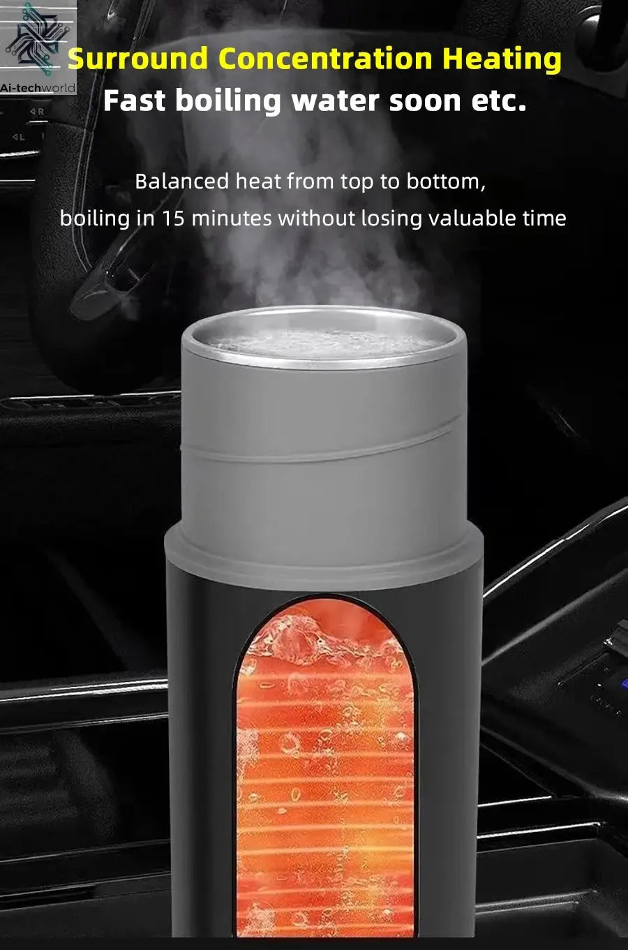 Electric kettle 12V 24V portable car heating cup 500 ml travel heating smart stainless steel insulation artifact OLED display Ai-TechWorld 