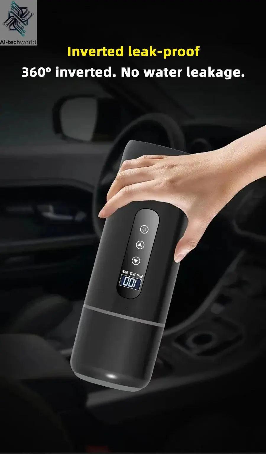 Electric kettle 12V 24V portable car heating cup 500 ml travel heating smart stainless steel insulation artifact OLED display Ai-TechWorld 