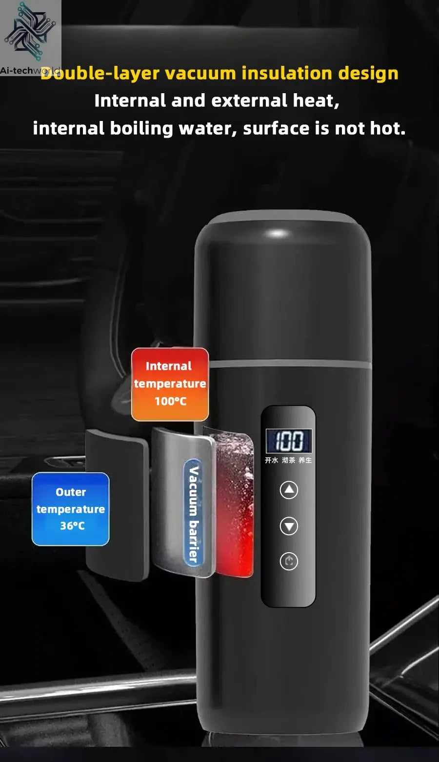 Electric kettle 12V 24V portable car heating cup 500 ml travel heating smart stainless steel insulation artifact OLED display Ai-TechWorld 