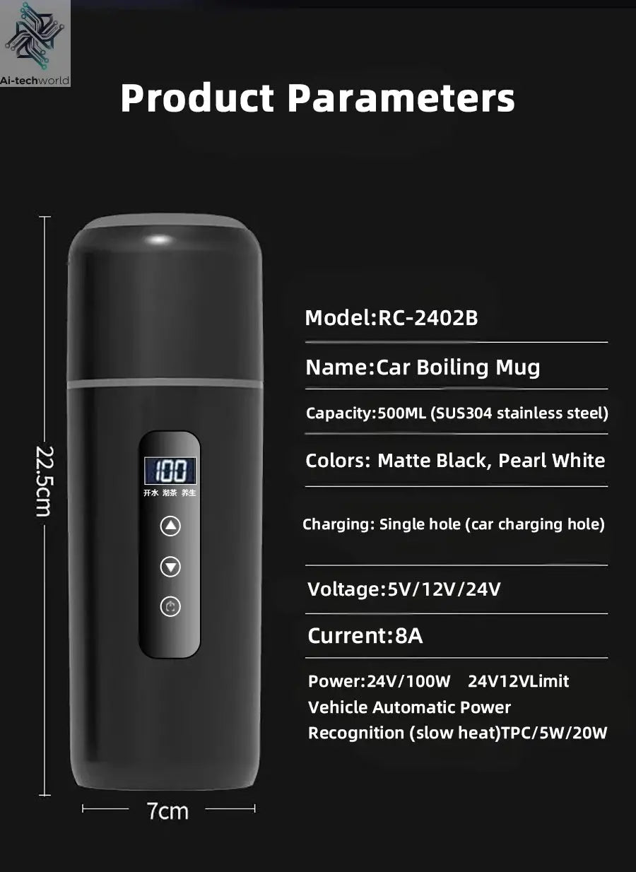 Electric kettle 12V 24V portable car heating cup 500 ml travel heating smart stainless steel insulation artifact OLED display Ai-TechWorld 