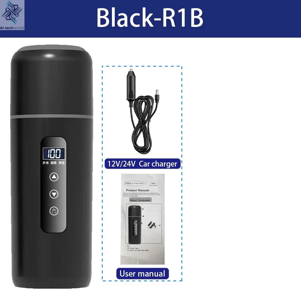Electric kettle 12V 24V portable car heating cup 500 ml travel heating smart stainless steel insulation artifact OLED display Ai-TechWorld 