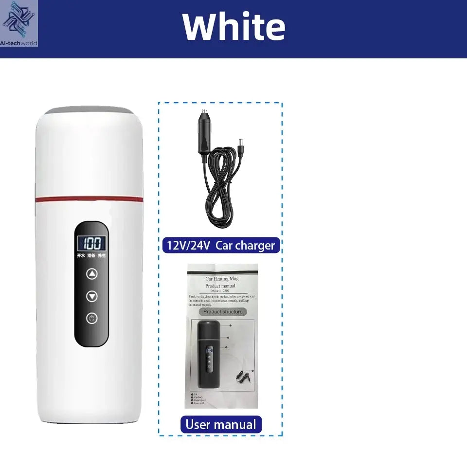 Electric kettle 12V 24V portable car heating cup 500 ml travel heating smart stainless steel insulation artifact OLED display Ai-TechWorld 