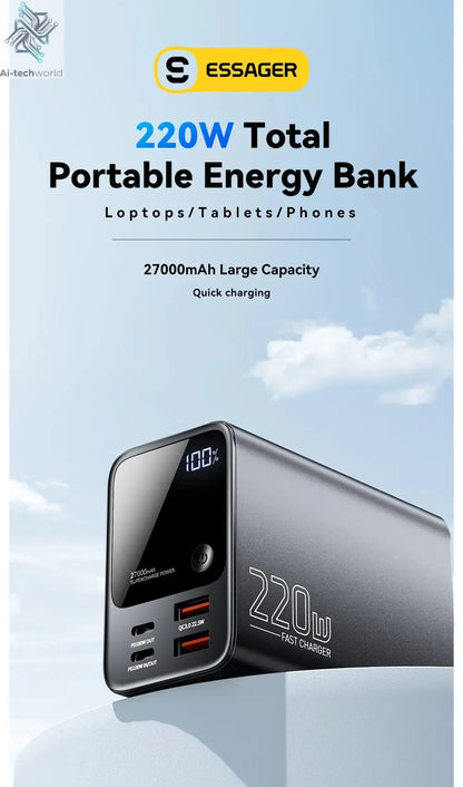 Essager 27000mAh Power Bank 220W PD Fast Charging Fast Charge External Battery Portable PowerBank For iPhone Macbook Pro Laptop Ai-TechWorld 