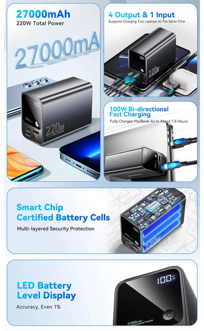 Essager 27000mAh Power Bank 220W PD Fast Charging Fast Charge External Battery Portable PowerBank For iPhone Macbook Pro Laptop Ai-TechWorld 