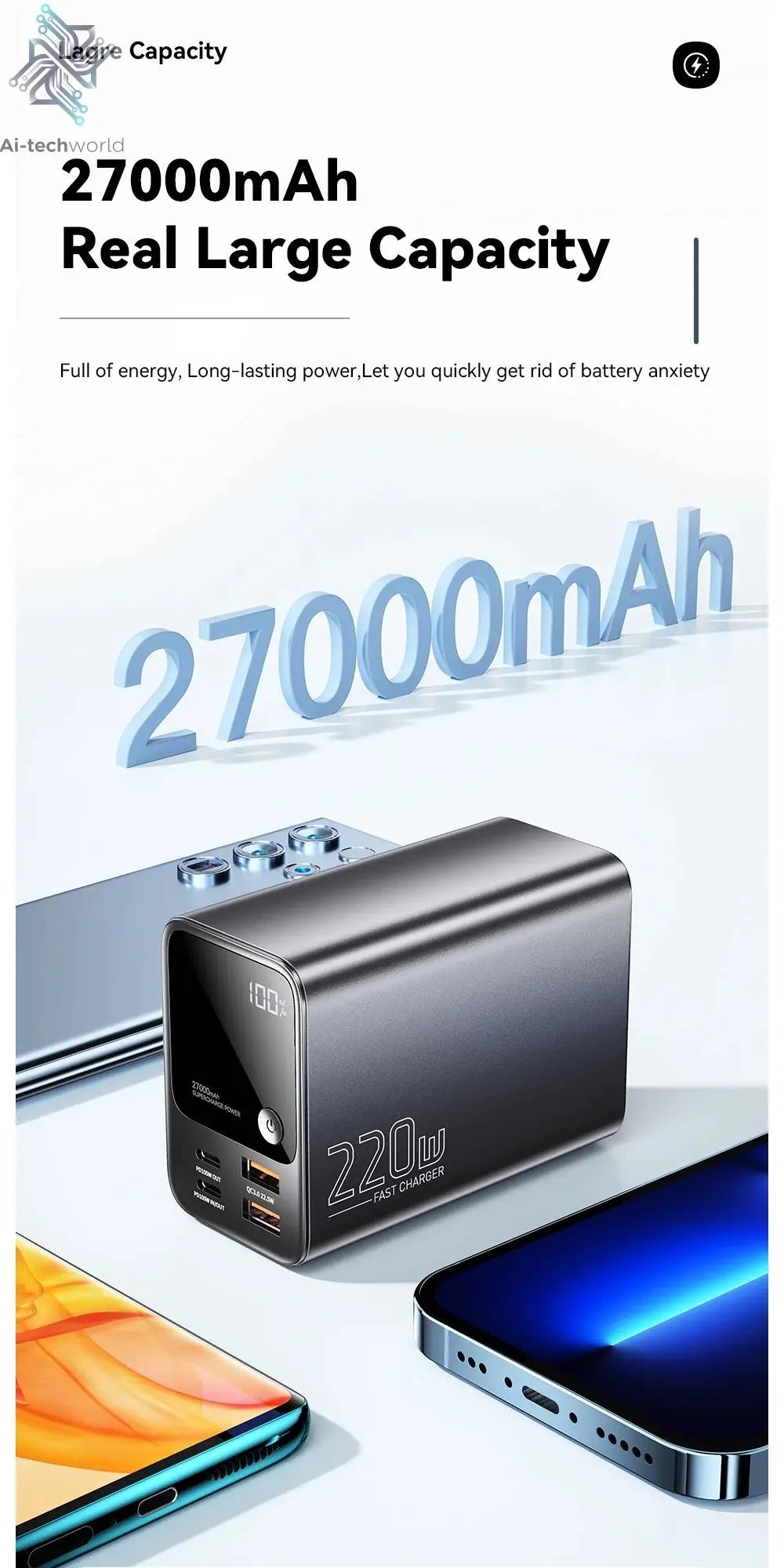 Essager 27000mAh Power Bank 220W PD Fast Charging Fast Charge External Battery Portable PowerBank For iPhone Macbook Pro Laptop Ai-TechWorld 