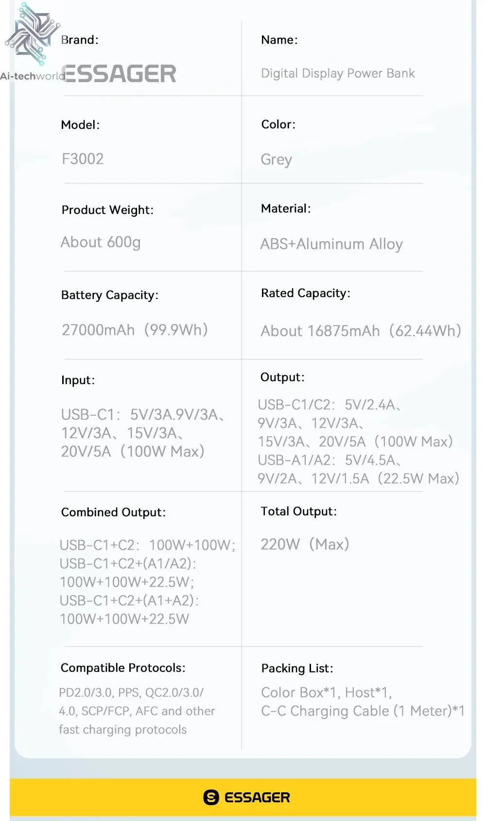 Essager 27000mAh Power Bank 220W PD Fast Charging Fast Charge External Battery Portable PowerBank For iPhone Macbook Pro Laptop Ai-TechWorld 