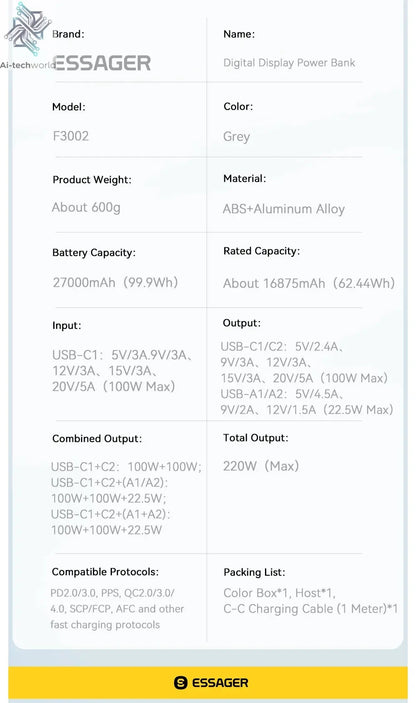 Essager 27000mAh Power Bank 220W PD Fast Charging Fast Charge External Battery Portable PowerBank For iPhone Macbook Pro Laptop Ai-TechWorld 