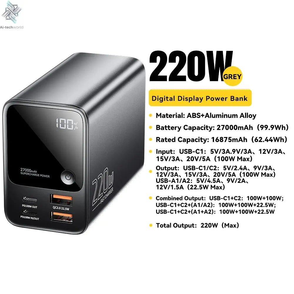 Essager 27000mAh Power Bank 220W PD Fast Charging Fast Charge External Battery Portable PowerBank For iPhone Macbook Pro Laptop Ai-TechWorld 