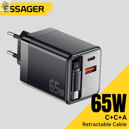 Essager 65W GaN Charger with Retractable Cable PD Fast Charging for Laptop Macbook iPhone 16 15 14 Xiaomi Type-C Phone Charger Ai-TechWorld 