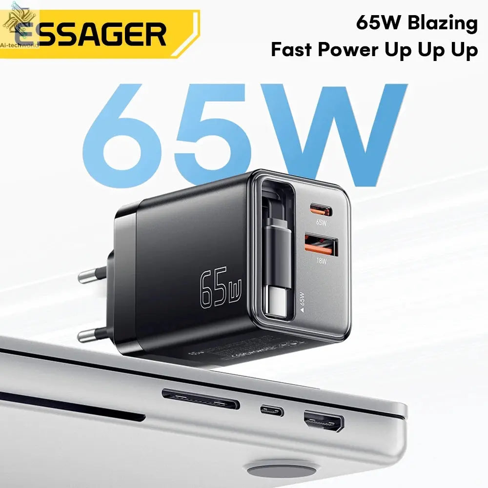 Essager 65W GaN Charger with Retractable Cable PD Fast Charging for Laptop Macbook iPhone 16 15 14 Xiaomi Type-C Phone Charger Ai-TechWorld 