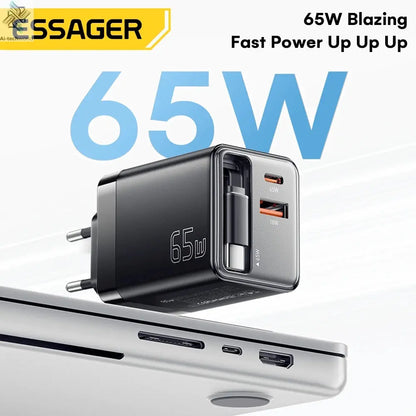 Essager 65W GaN Charger with Retractable Cable PD Fast Charging for Laptop Macbook iPhone 16 15 14 Xiaomi Type-C Phone Charger Ai-TechWorld 