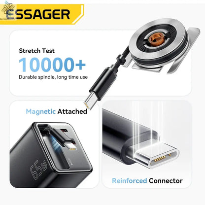 Essager 65W GaN Charger with Retractable Cable PD Fast Charging for Laptop Macbook iPhone 16 15 14 Xiaomi Type-C Phone Charger Ai-TechWorld 