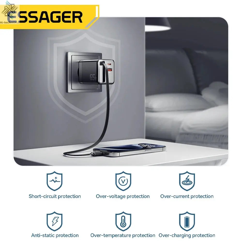 Essager 65W GaN Charger with Retractable Cable PD Fast Charging for Laptop Macbook iPhone 16 15 14 Xiaomi Type-C Phone Charger Ai-TechWorld 